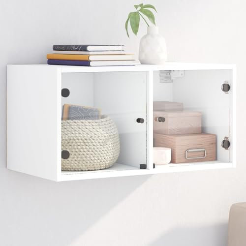 Homgoday Wandschrank mit Glastüren Hängeschränke mit Stauraum Wandregal Bücherregal Küchenschrank Schrank für Büro, Esszimmer, Wohnzimmer Weiß 68,5x37x35 cm