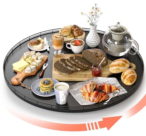 Oroyutor 24 Oak Wooden Lazy Susan Turntable for Dining Table, Extra Large Round Lazy Susans Organizer for Kitchen Countertop Charcuterie Boards Cheese Board Organization and Storage Black Home Decor