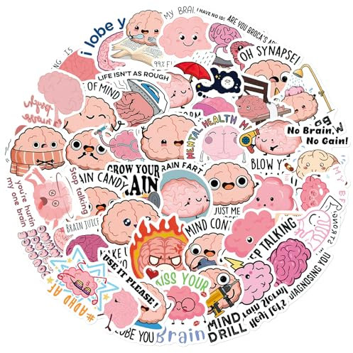 50Pcs Brain Preppy Stickers for Scrapbooking Cute Cartoon Decorative Funny Human Biology Colorful Waterproof Decals Gifts for Adult Child DIY Crafts Laptops Bullet Journal Kindle Book