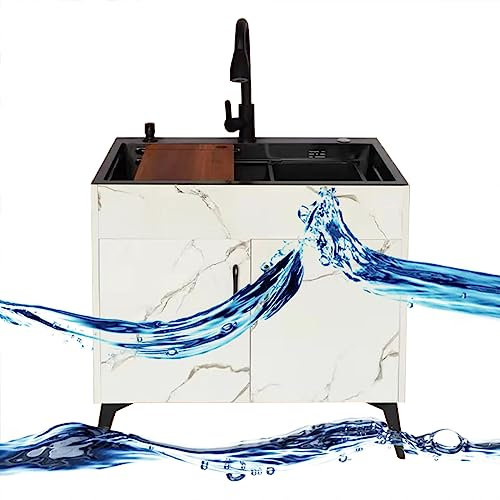 Lavandino bianco autoportante a vasca singola con scolapiatti, rubinetto dell'acqua calda e fredda e ripiani, ideale per interni ed esterni, lavanderia, bar, ristorante, 73,7 cm