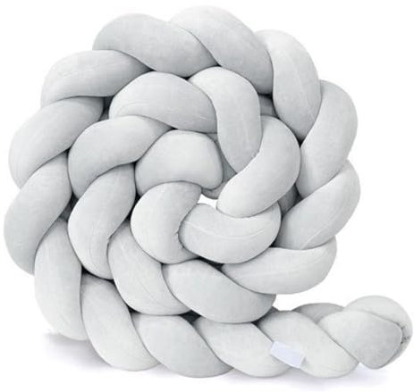 AmphaDeco Geflochtene bettschlange Baby, Bettschlange Baby, Kantenschutz Bettumrandung Knotenkissen, Seitenschläferkissen, Zierkissen Stillkissen,Hellgrau,100cm