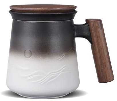 ZENS Teetasse mit Deckel und Sieb, 430ml Holzgriff Groß Teebecher mit Teesieb und Holz Deckel für Losen Tee, Keramik Teetassen Geschenk für Teeliebhaber,Schwarz und Weiß