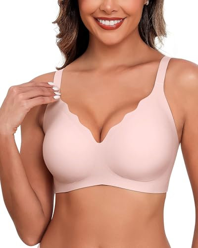 HORISUN Ohne Bügel BH für Damen, Nahtloser Bequemer V-Ausschnitt Vollständiger Bralette für Große Brüste mit Unterstützung Kein Bügel kabelloser Komfort Tshirt BHS (Rosa 2XL)