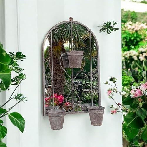 Buttercup Farm Wall Mirror with Triple Planter for Garden Décor - Distressed Metal - L15 x W45 x H78 cm