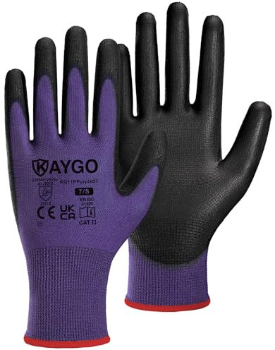 KAYGO 12 pares de guantes de trabajo para hombres y mujeres, guantes de protección recubiertos de PU, agarre antideslizante en palmas y dedos, adecuados para trabajos generales (Morado, S, talla 7)