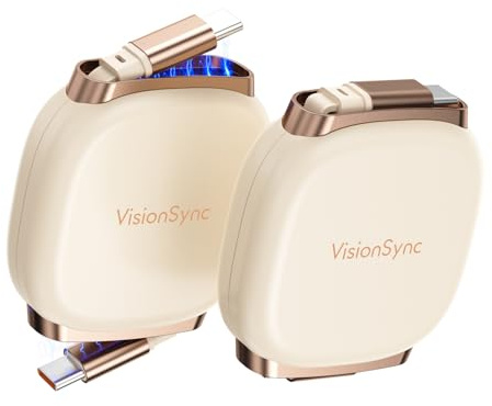 VisionSync 240W USB C to USB C Cable,PD3.1 Retractable USB C Cable with Magnetic Slot for Travel,Car,5 Preset Length,Fast Charging for iPhone 17/16/15,iPad,Macbook,Galaxy S25/24,3.3ft,2Pack,Beige