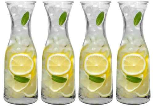 UNIQUE HOME LIVING 1L Water Carafe Set of 4 Classic Glass Pitcher Jug Juice Bottle, 34oz Juice Pitcher Glass Carafe Jug for Water, Iced Tea, Juice, Lemonade, Wine and Cold Beverages