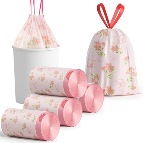 Bin Bags Lily Scented Small 2.6 Gallon Trash Bags 10-15L Bin Liners with Drawstrings 120 PCS for Home Office Kitchen & Bathroom that Leaves Your Swing Bin Smelling Fresh Beautiful Print 45 * 50CM