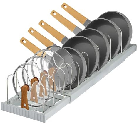 Expandable Pan Lid Organiser Rack 10 Adjustable Dividers, Anti-slip Pantry Cupboard Organiser Kitchen Drawer Bakeware Plate Holders for Pots, Pans, Chopping Board, Saucepan, Baking Trays (10 Tier)