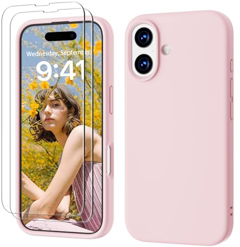 GOODVISH 3 in 1 Silicone Cover per iPhone 17 6.3, Custodia con 2 Pellicola Vetro Temperato [Protezione Fotocamera] 360° Protezione Anticaduta Case per Cellulare Antiurto Resistente, Rosa Sabbia