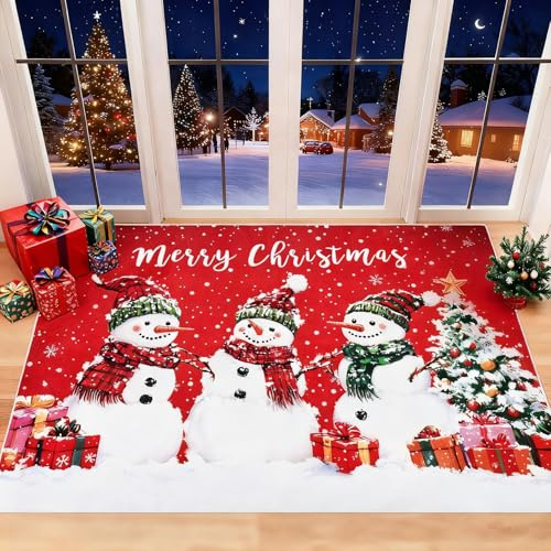 Alishomtll Weihnachten Teppich Läufer 90x150cm, Schneemann Rot Weihnachtsteppich, rutschfest Waschbar Weicher Küchenteppich, Kurzflor Teppich für Haustiere, Weihnachten Deko für Küche Wohnzimmer
