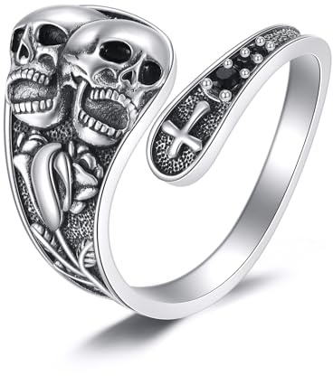 YFN Gothic Schädel Ring für Frauen und Männer Sterlingsilber Edgy Punk Skelett Band Verstellbarer offener Ring 7-9 Zoll Dark Academia Schmuck Einzigartiges Gothic Geschenk für Halloween, Geburtstag