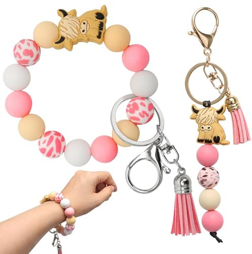 MAIXINNEW 2 Pcs Highland Cow Keychains Gifts, Highland Cows Silicone Beads Keyring, High Land Cow Beads Bracelet for Women Girls Friends