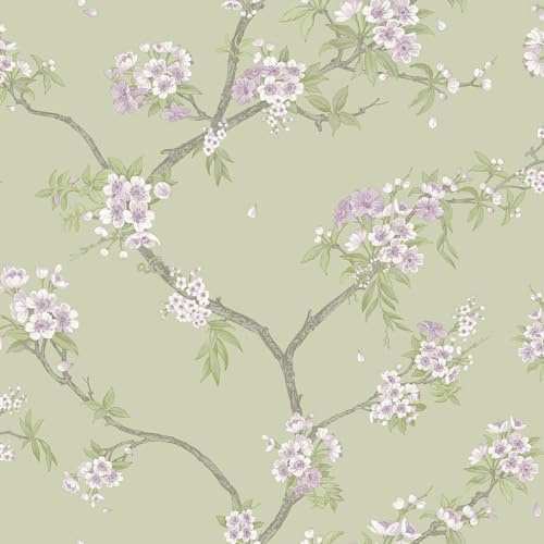 Holden Botany Cherry Blossom Oriental Chinoisiere Botanicla Blossom Themed Wallpaper Perfect for Living Rooms Dining Rooms Hallways Modern Stunning Rooms Sage/Heather (14210)