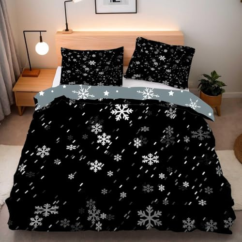 Linfye Winter Schneeflocken Bettwäsche 140x200 cm - Weihnachten Bettwäsche-Sets für Kinder - Schwarz Bettbezug 3 Teilig mit Reißverschluss - Weich Mikrofaser 1 Bettbezüge + 2 Kissenbezug 80x80 cm