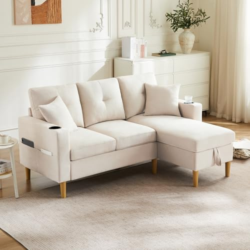Mrwoo sofá Cama Chaise Longue con 3 Plazas, Sofá en L Moderno con Almacenamiento, Reposabrazos con Portavasos y Bolsillo Lateral, 2 Cojines, Algodón y Lino, Color Beige