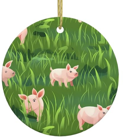 WHJDPP Schöner Schweine-Gras-Muster Weihnachtsbaum Keramik Hängender runder Anhänger mit einer goldenen Drahtschnur zum einfachen Aufhängen