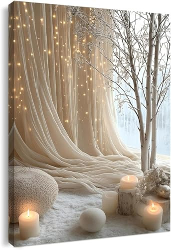 Canvas Wall Art Framed – Cozy Neutral Candle Lights Artwork, Soft Winter Hygge Style Wall Decor for Bedroom, Living Room, Hallway or Entryway Home Decoration, with Hooks and Nails, 12x16 Inch 02