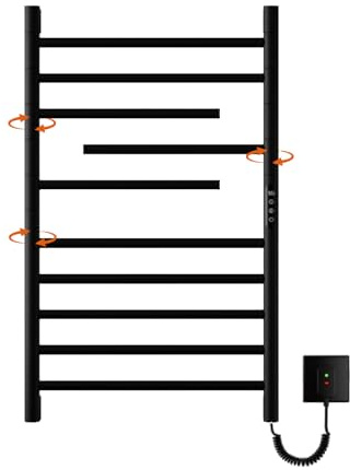 Handtuchheizkörper Elektrisch, 180°Drehung Handtuchwärmer Badheizkörper Elektrisch 850 × 520mm, Schwarz Handtuchheizkörper mit LED-Touchscreen, IPX4, 1-9H Timer, Temperatur 30-70℃, 250W