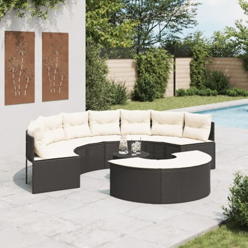 Runheo 3-TLG. Garten-Sofagarnitur Halbrund Schwarz Poly-Rattan, UV-beständig, mit Hartglas-Tischplatte, für Garten, Terrasse und Patio, bequemes Sitzerlebnis