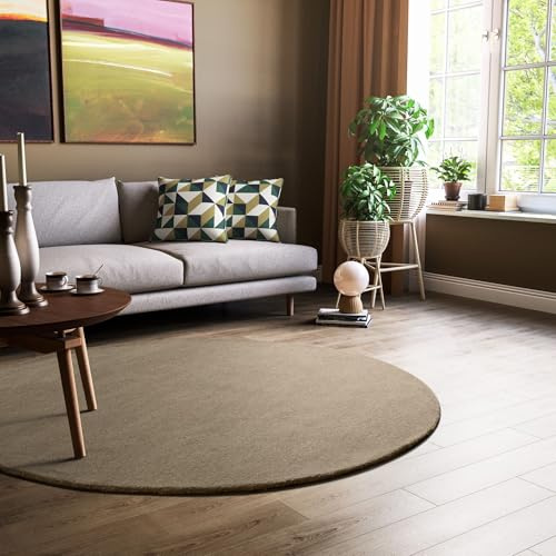 Steffensmeier Gabbeh Teppich Jaipur | 100% Schurwolle | Wohnzimmer | Schlafzimmer | Handtuft | Taupe | Rund Ø 120 cm