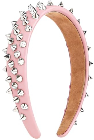 CALFOVERA Punk Spiked Headband Pink PU Leather Gothic Rock Roll Hair Band Spiky Rivet Studded Hairband Headpiece Hair Hoop Clips Accessories for Women Halloween Cosplay Costume Party Festival Prom