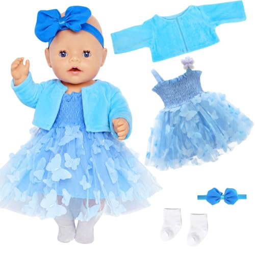 Puppenkleidung für 14-18 Zoll Babypuppen, 5 Stück Süßes Puppenkleider 30-45cm Outfit mit Blauer Mantel Tüllrock Haarband Socken Schleifenförmiger Clip, Neue Puppenzubehör Geschenk für Kinder