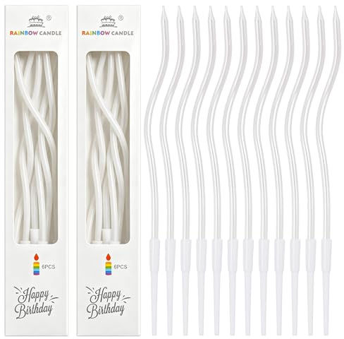 PEAKTOP 12 candele di compleanno metallizzate, lunghe 16 cm, sottili decorazioni per cupcake | Candela per torta bianca perla con supporti, candela a spirale per matrimoni, feste di nascita, decorazioni per torte