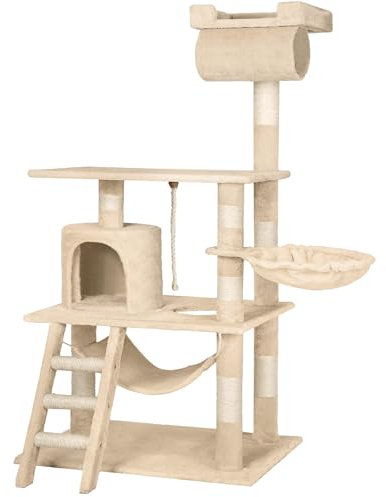 tectake® arbol rascador para Gatos, sisal Resistente, casa Gatos, 1 Nido Giratorio, Hamaca, Sistema antivuelco, Poste rascador Gatos, Cama de Gato, Juguetes para Gatos - 141 cm Alto Beige