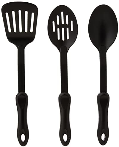 KitchenCraft Anti-Scratch Kitchen Utensils Set, Nylon, Cooking Spoon, Slotted Spoon, Fish Slice, 34 cm (14), 3 Piece Set, Black