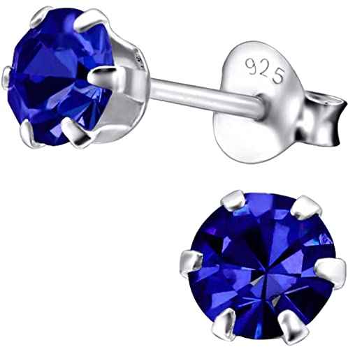 EYS JEWELRY Damen Ohrstecker 925 Sterling Silber – 5 mm runde Zirkonia Kristalle in Saphirblau – Klassische Silber Ohrringe für Frauen