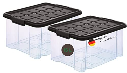 Novaliv 2x Aufbewahrungsbox mit Deckel 15l 40x29x21 mittel Grau Anthrazit transparent Stapelbar Stapelbox Kisten mit Deckel Boxen Plastikbox Kunststoffkiste