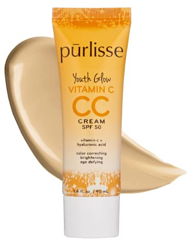 pūrlisse Youth Glow Vitamin C CC Cream SPF 50 - Radiant Finish Tinted Moisturizer - Korean Skin Care Formula with Hyaluronic Acid & Vitamin C to Hydrate, Brighten & Even Skin - Light Medium (1.4 oz)