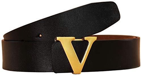 Klassischer Herren-Gürtel mit V-Schnalle, weiches Kalbsleder, Gold/Silber, Schwarz Gold, 110cm/43.3inch(37-39)