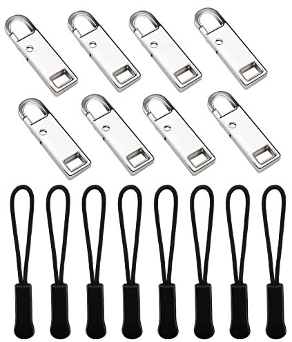 SAVITA 16pc Zipper Repair Kit - Metal Slider Pull Tabs, 8 Tag Pulls and 8 Cord Extensions for Jackets, Backpacks, Handbags (Silver)