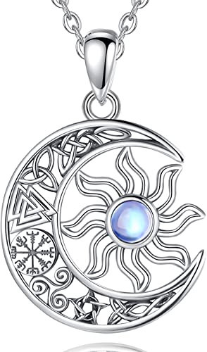 AEONSLOVE Collier Soleil et Lune Argent 925 Pendentif Pierre de Lune avec Compass pour Femmes Filles Bijoux Cosmiques et Astrologiques Noeud Celtique Compass