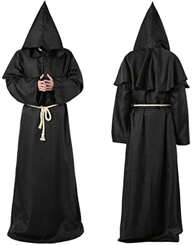 Wishstar Abito da Monaco, XL Sacerdote Accappatoio Frate, Sacerdote Hooded Robe, Nero Abito Talare Costume, Mantello con Cappuccio, Medieval Accappatoio per Halloween Carnevale Feste mascherate