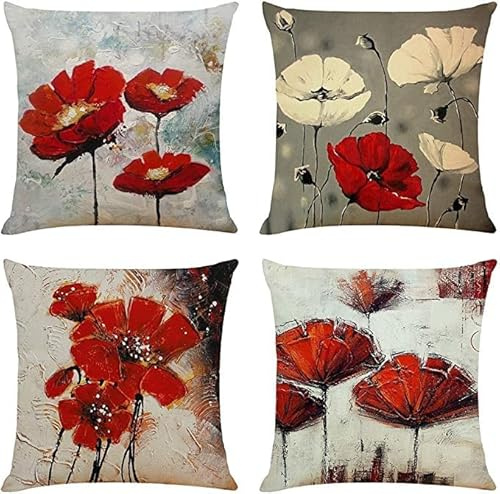 TIDWIACE 4er Set Kissenbezug 40 x 40 cm Rot Blumig Deko, Outdoor Kissen Natur Landhausstil Dekorative Sofakissen Leinen Kissenbezüge für Sofa Wohnzimmer Zierkissen
