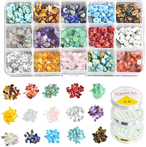 HAOMEEDUO 600 Pcs Edelstein Perlen Set 15 Farben Halbedelsteine Perlen mit Loch Schmucksteine Perlen 5-7mm Ringe Selber Machen Set Natursteine zum Basteln Steinperlen mit Kupferdraht Schnur für DIY