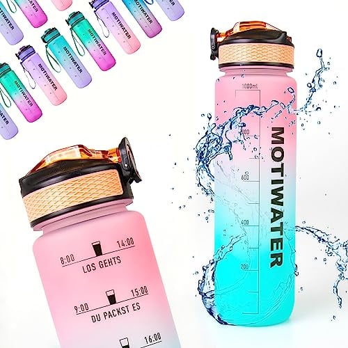 MOTIWATER Trinkflasche 1L, deutsch, Motivation, Spühlmaschienen geeignet, Wasserflasche Auslaufsicher, Kohlensäure Geeignet, BPA Frei, Sportflasche mit Zeitmarkierung, Uhrzeit, für Büro, Sport