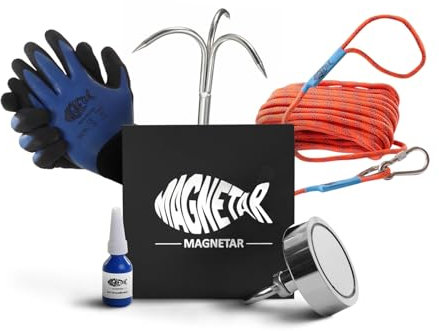 Magnetar - Magnetfischen Set - Einseitig 400kg Bergemagnet - Magnetangel Paket mit Topfmagnet/Seil/Haken/Handschuhen/Kleber - Angelmagnet zum Magnet fischen