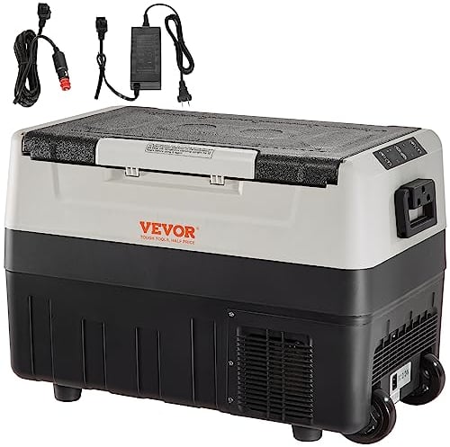 VEVOR Camping Kühlschrank 45 L Kühlbox, 12/24 V Rollbare Elektrische Gefrierbox 2 in 1 Doppelzone, Auto Kühlschrank Kompressor zum Warmhalten und Kühlen 60 W Tragbar Handgriff Boot, Lkw, Mobil Grau