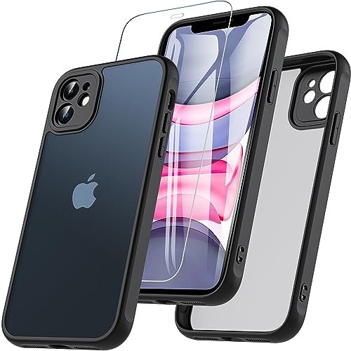 For iPhone 11 Case, iPhone 11 Phone Case 6.1 with Tempered Glass Screen,[Shockproof Military Grade Drop] Translucent Matte Back Camera Protector,Skin-Friendly Touch Protective Slim Phone Cover,Black