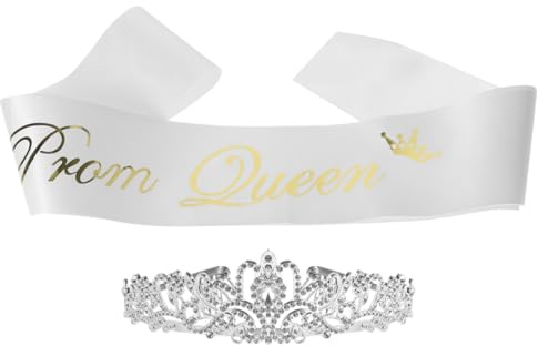 BRIGHTFUFU Abschlussfeier Dekorationen Prom Queen SchäRpe Und Krone Set, Weiß Satin SchäRpe Mit Kristall Tiara Stirnband FüR Abschlussball Und Feiern