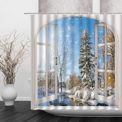 AALAYA Duschvorhang 240x200 cm Fensterbrett, aus Stoff Polyester Waschbar Anti Schimmel Winter Shower Curtains, Duschvorhänge Curtains mit 12 Haken
