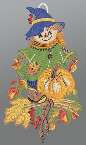 Plauener Spitze Fensterbild Herbstliche Vogelscheuche (BxH) 20cm x 36cm, Mehrfarbig, Fensterdekoration und Fensterschmuck