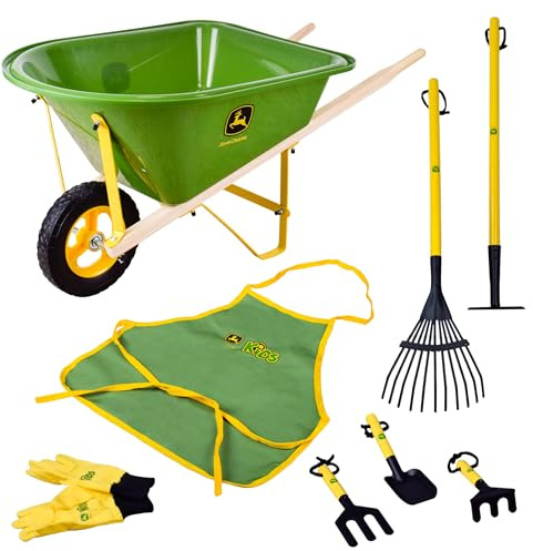 John Deere Deluxe 34 Wheelbarrow and Garden Set Includes 5 Realistic Gardening Tools,Gardening Apron, Gardening Gloves, Large Metal Wheelbarrow with Wooden Handles, Outdoor Toy Ages 5+