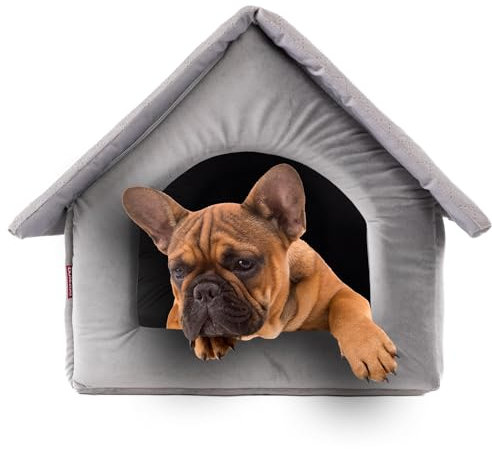 Elegant Hundehöhle, Hundehütte | Größe L: 34 x 44 x 38 cm | Farbe: Grau Velvet | Hundehaus für mittlere Hunde | Katzenhaus, Katzenhöhle