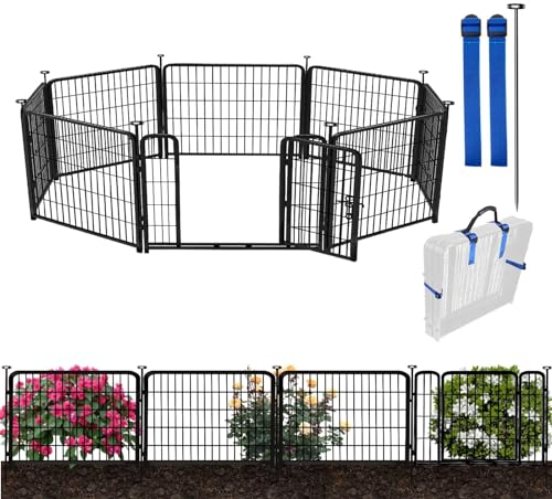 ADAVIN Gartenzaun mit Tor, 61 cm (H) x 60 cm (L), 8 Paneele, Hundezaun für drinnen und draußen, Laufstall für Hof, Campingzaun, robustes Eisen, Metall, schwarz, Gartenzaun