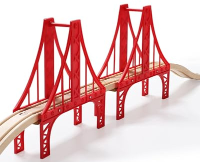 SainSmart Jr. Holzeisenbahn Zubehör Hängebrücke, Golden Gate Stil, Brio 3+ | Auch kompatibel mit Thomas und Melissa Doug, 2 Brückenmodule einzeln oder kombiniert, EN71 ASTM CPSIA geprüft, ab 3